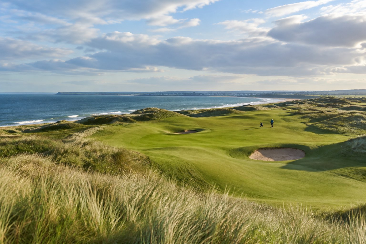 A links golf course with rolling dunes beside the sea.